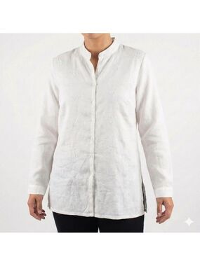LAURA 100% Linen Embroidered Button Front Long Sleeve Tunic Top Side Splits Sz L